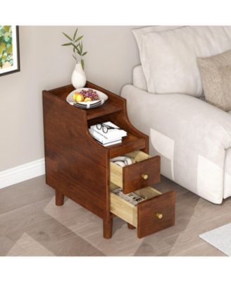 Solid Wood End Table Narrow Bedside Table with Pull-out Tray and 2 Storage Drawers
