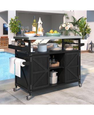 Outdoor Kitchen Island and Rolling Bar Cart, Farmhouse Solid Wood Grill Table with Stainless Steel Top, Spice Rack and Towel Rack