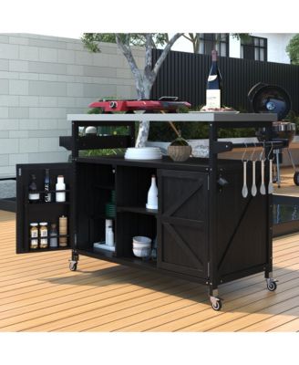 Outdoor Kitchen Island and Rolling Bar Cart, Farmhouse Solid Wood Grill Table with Stainless Steel Top, Spice Rack and Towel Rack