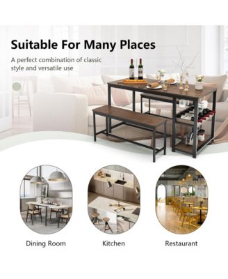 3PCS Rustic Kitchen Dining Set Includes Storage Rack w/ Rectangular Table and 2 Benches
