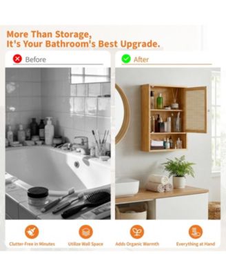 Bathroom Wall Cabinet, Wood Rattan Storage with 3-Tier Shelves and Doors, Medicine Cabinet, Holds 33lbs for Bathroom, Laundry Room