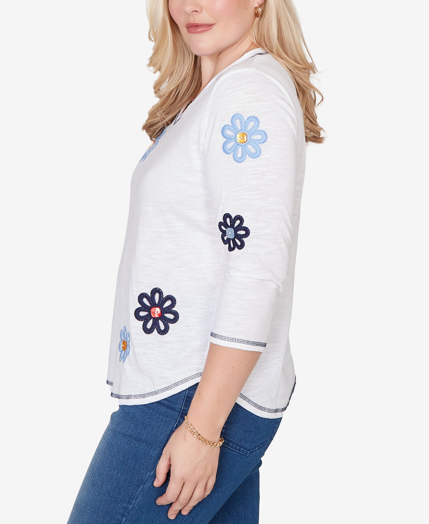 Women's Port Side Embellished Floral Button Top