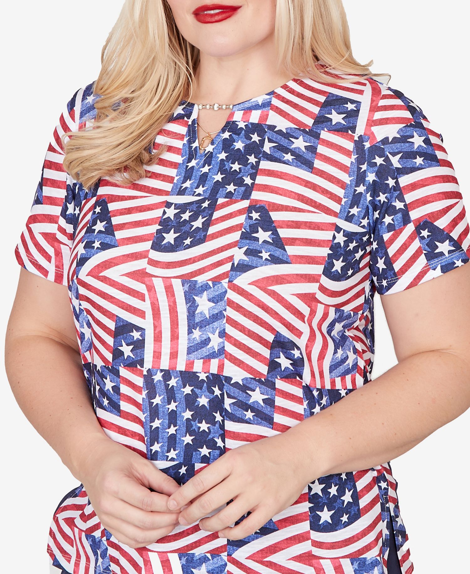 Women's Lady Liberty American Flag Patchwork Keyhole T-Shirt