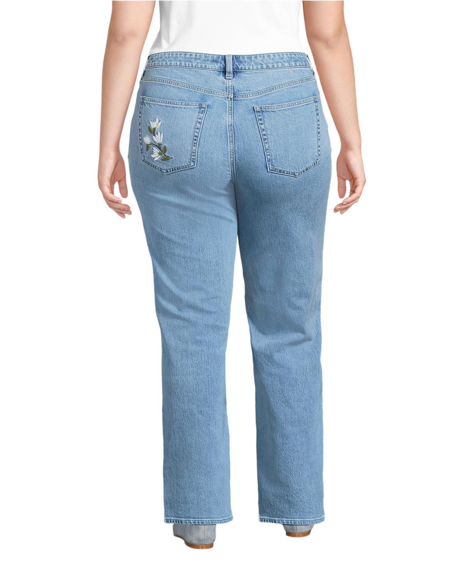 Women's Soft Denim Mid Rise Relaxed Straight Leg Embroidered Jeans