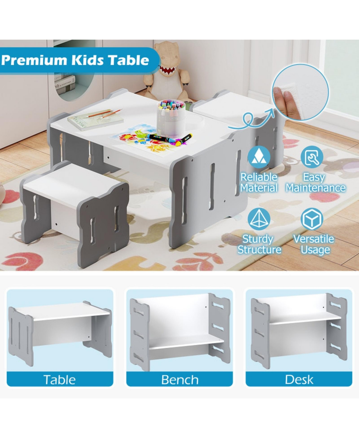 Gouun 3-Piece Toddler Activity Table Set with 2 Nesting Storage Stools