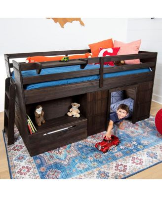 Modern Farmhouse Low Loft Bed with Storage Drawer, Solid Wood Bed for Kids