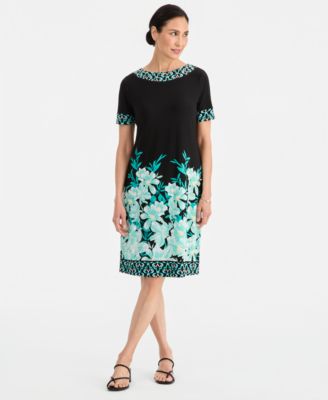 Women's Printed Border Embellished Boat-Neck Knit Dress