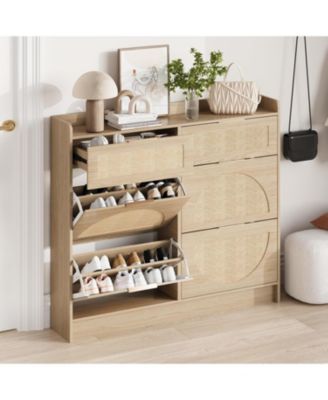 Rattan Shoe Cabinet with Adjustable Shelves and Metal Handles, Narrow Entryway Storage
