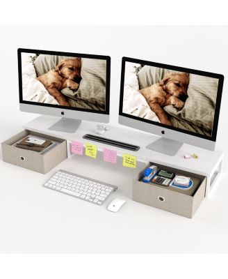 Dual Monitor Stand Riser With Drawers Desk Organizer Storage Holder