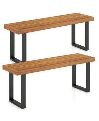 Set of 2 Acacia Wood Outdoor Dining Benches 48 Inch with Sturdy Metal Legs