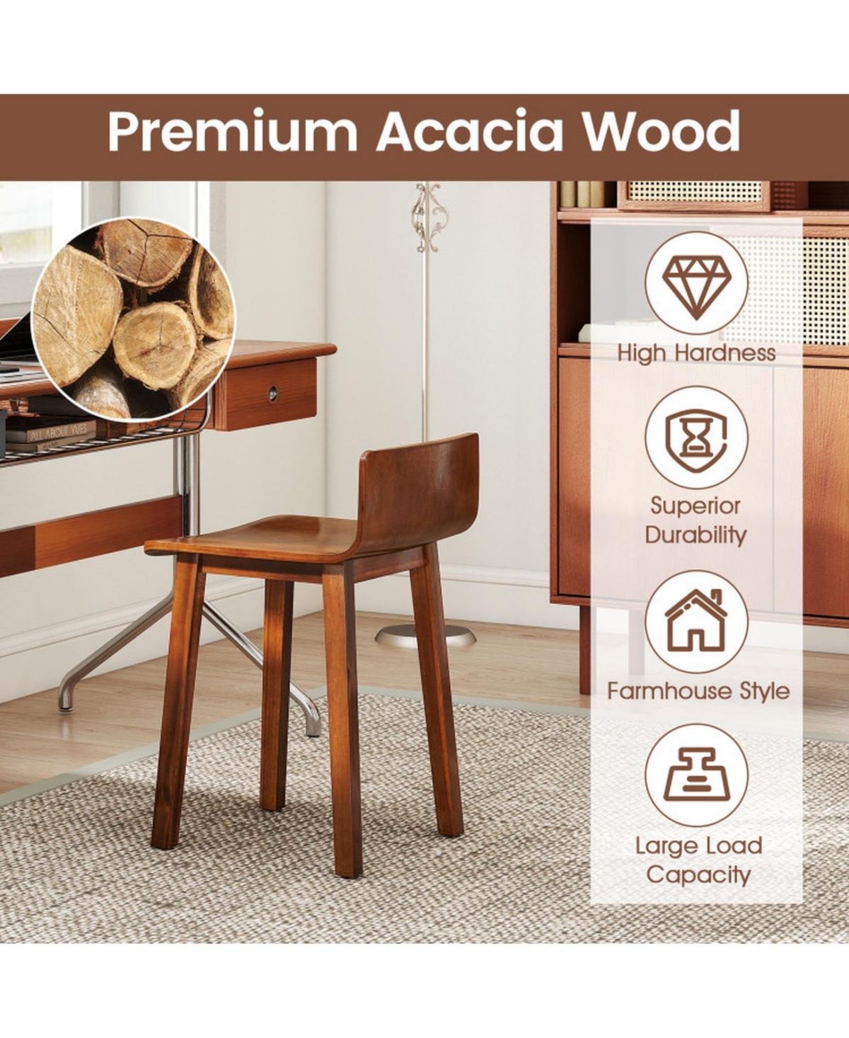 Gouun Set of 2 Farmhouse Armless Wood Dining Chairs with Acacia Wood Seat