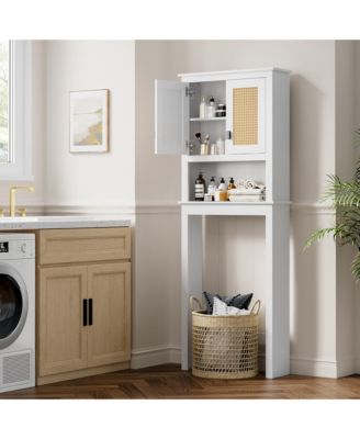 Storage Cabinet, Over Toilet Bathroom Organizer with Rattan Doors, Bathroom Cabinet with Adjustable Shelf and with Anti-Tip Device