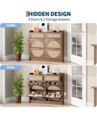 Rattan Shoe Cabinet with Adjustable Shelves and Metal Handles, Narrow Entryway Storage