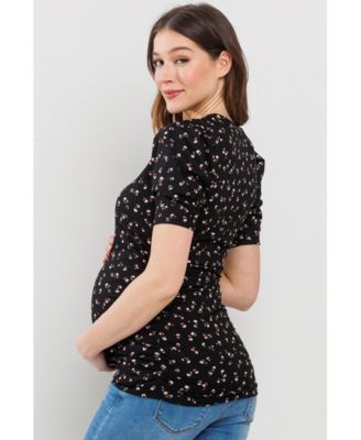 Maternity Floral Ribbed Ruched Puff-Sleeve Fitted Top