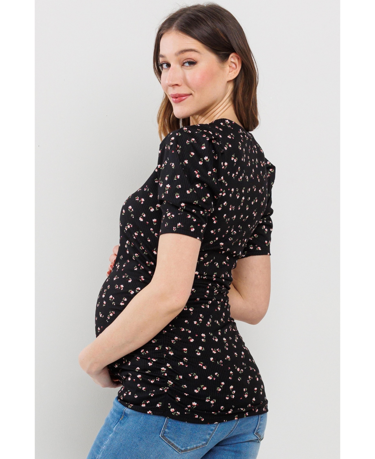 Hello Miz Maternity Floral Ribbed Ruched Puff-Sleeve Fitted Top