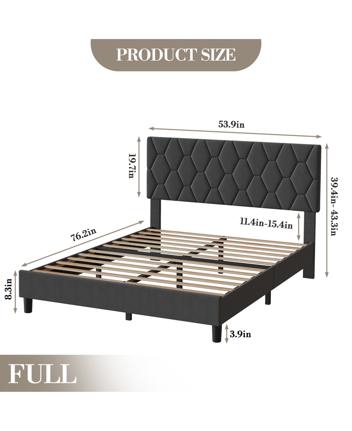 Homfan Full Bed Frame with Upholstered Headboard, Heavy-Duty Platform Bed Frame with Strong Wood Slats
