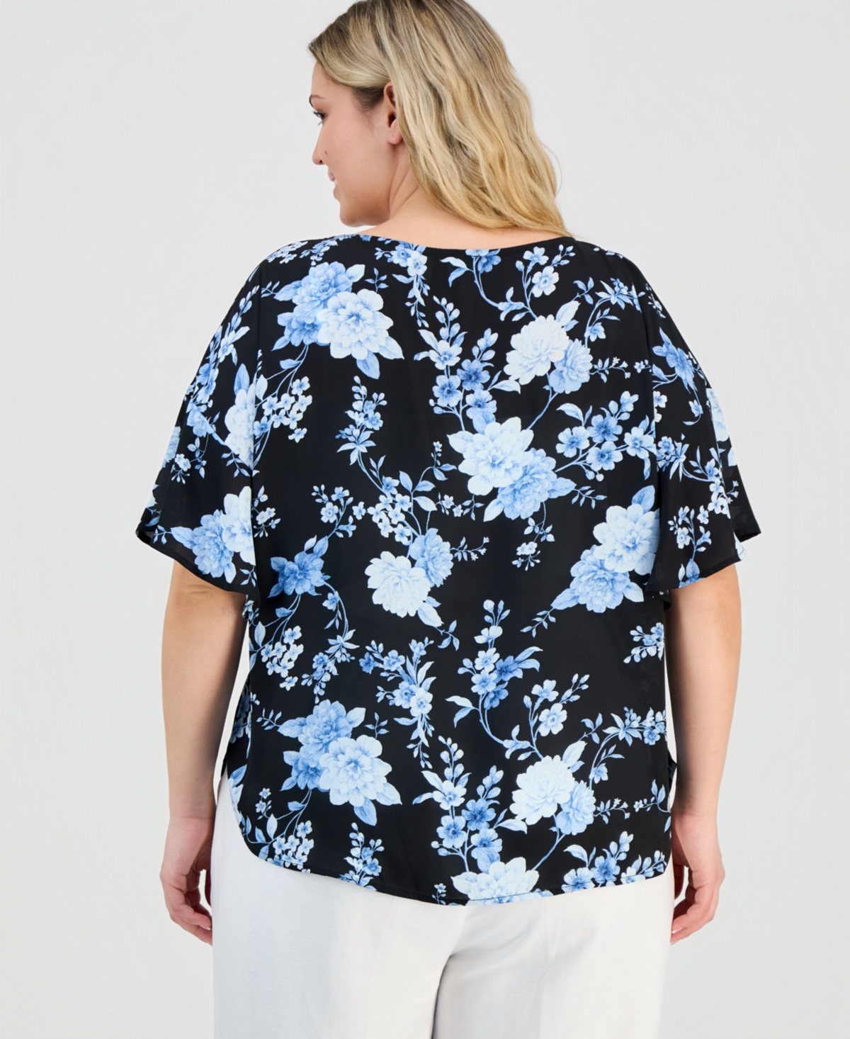 Anne Klein Plus Printed Flutter-Sleeve Top