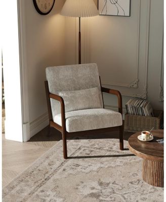 Mid-Century Modern Accent Chair with Corduroy Upholstery, Solid Wood Armchair with Removable Lumbar Pillow