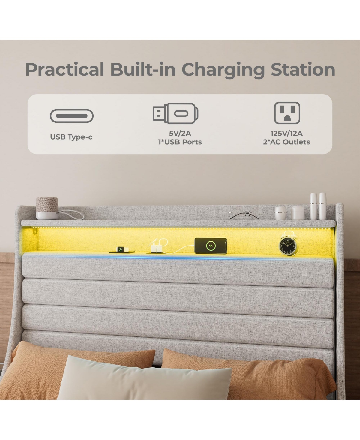 Homfan Modern Upholstered Platform Bed Frame with Led Headboard and Charging Station - Wooden Slat Support, Noise-Free