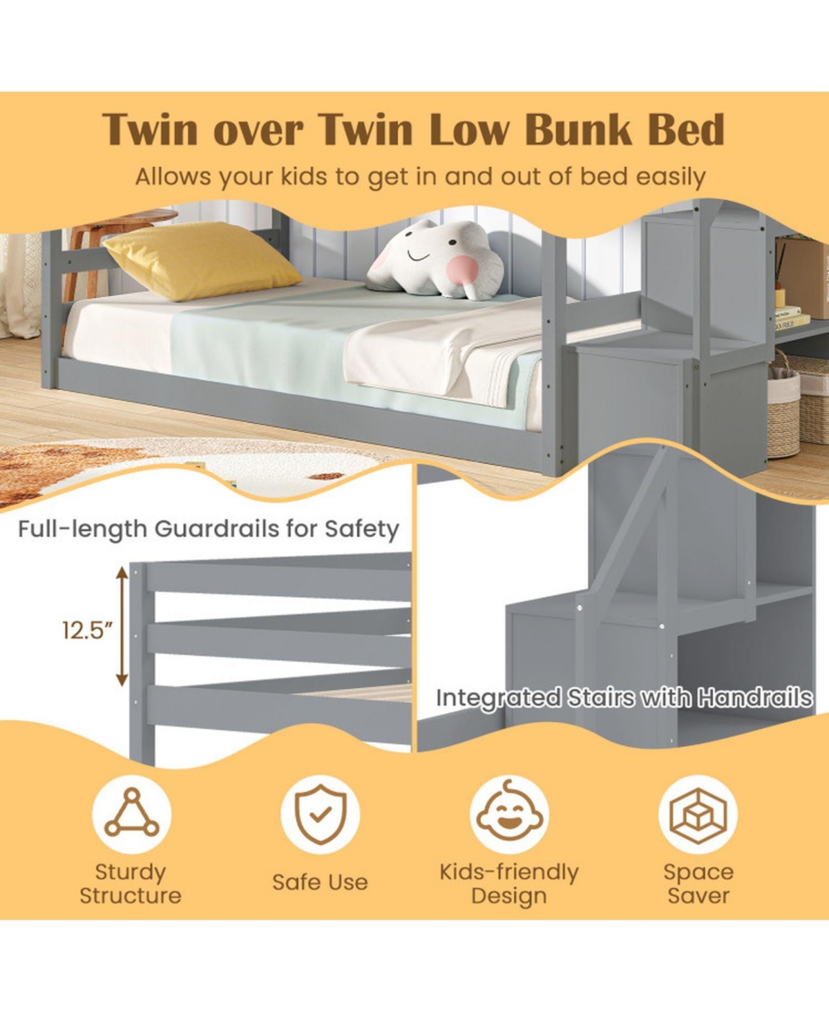 Gouun Pine Wood Twin Over Twin Bunk Bed with Storage Stairs