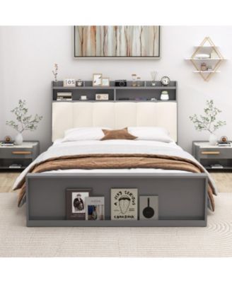 Full Linen Upholstered Platform Bed Frame with Storage Drawers and Headboard