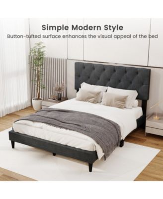 Full Linen Upholstered Platform Bed Frame with Tufted Headboard