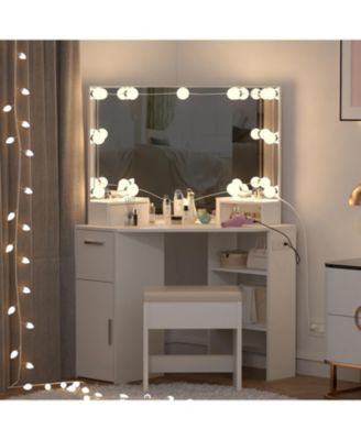  Vanity Desk with Mirror and Lights, Corner Makeup Vanity Desk with 3-Panel Mirror, 12 Bulbs 3 Color Modes Dimmable, Power Outlet