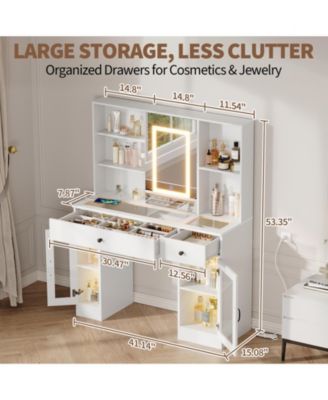 Large Vanity Desk with Sliding Mirror and 3-Color LED Lights, Makeup Dressing Table with Storage Drawers, Shelves, Cabinets, USB Outlets