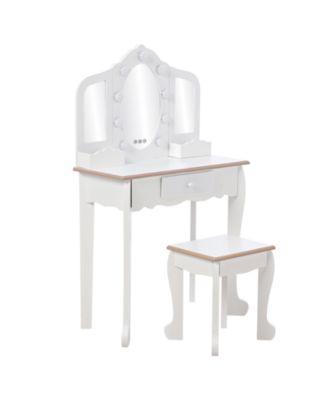 Kids Vanity Set with Lighted Tri Fold Mirror, Wooden Pretend Play Dressing Table with Stool, Storage Drawer & Adjustable LED Modes
