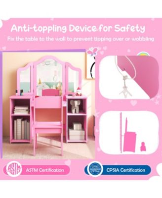 Kids Vanity Set with Tri-Folding Acrylic Mirror, 4 Storage Cubbies and High-Back Chair