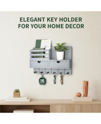 Wall Mounted Key Holder with 2 Drawers 6 Hooks Shelf Mail Organizer Decor
