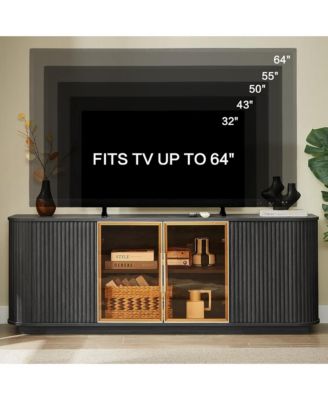 64-Inch Wavy TV Cabinet - Wooden Vertical Stripe Storage Cabinet with Glass Doors and LED Lights, Modern Fluted TV Stand for Living Room