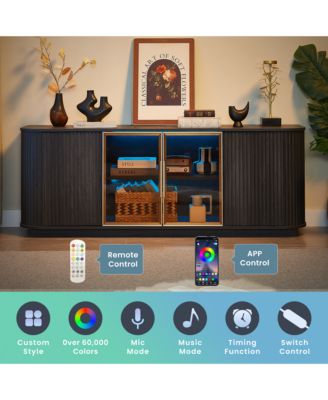 64-Inch Wavy TV Cabinet - Wooden Vertical Stripe Storage Cabinet with Glass Doors and LED Lights, Modern Fluted TV Stand for Living Room