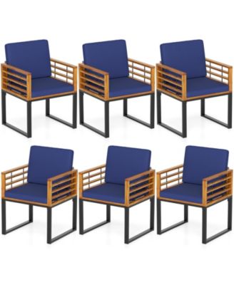 Set of 6 Acacia Wood Patio Dining Chairs with Seat and Back Cushions