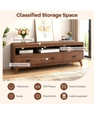 Mid-Century 59.5-Inch TV Stand with Three Drawers and Open Shelves