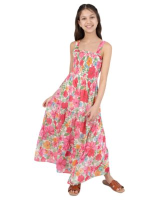 Girls' 7-16 Printed Georgette Smocked Crossback Bodice Dress