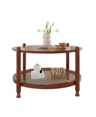 Round Coffee Table, 2-Tier Rustic Wood Center Table with Boho Woven Rattan Storage Shelf for Living Room