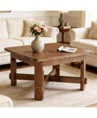 Solid Wood Square Coffee Table, 31.5" Farmhouse Accent Center Table with Sturdy Cross-braced Legs, Mid-Century Modern Tea Cocktail Tables