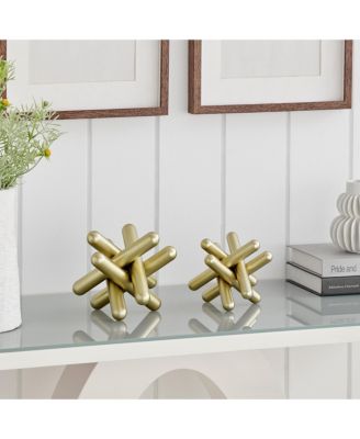 Small and Medium Gold Textured Metal Geometric Sculptures - Set of 2