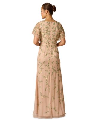 Women's Bead Flutter-Sleeve Midi Mesh Dress