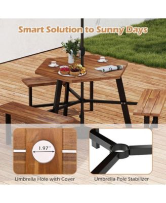 6-Person Acacia Wood Picnic Table and 3-Bench Set with Umbrella Hole