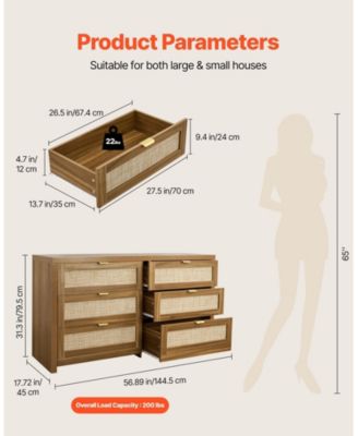 6 Drawer Rattan Dresser, Rattan Chest with Metal Handle