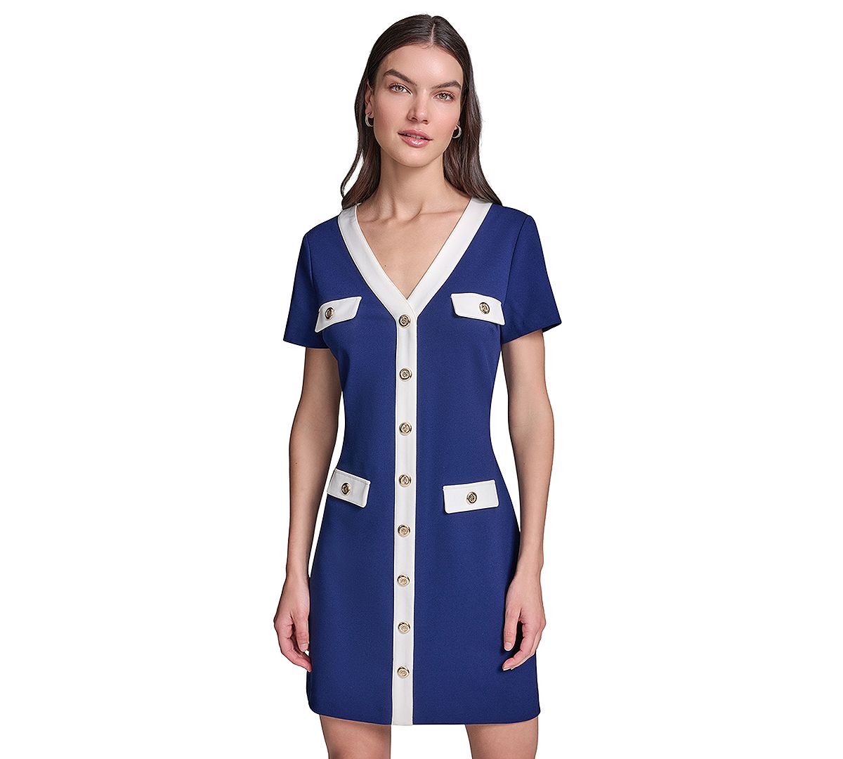 KARL LAGERFELD PARIS Women's Short-Sleeve A-Line Scuba Crepe with Framed V-Neck Dress view 2 — MAYCSS fashion products