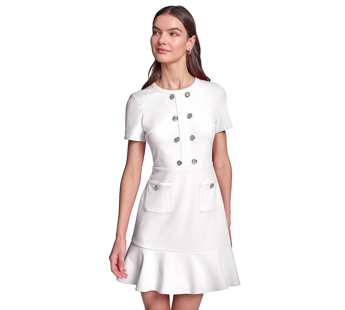 KARL LAGERFELD PARIS Women's Short-Sleeve Scuba Crepe with Flounce Hem and Button Dress view 2 — MAYCSS fashion products