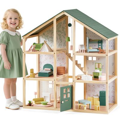 Sweetwood Evergreen Dollhouse without Dolls - DIY Pretend Play 6 Rooms Wooden Doll House