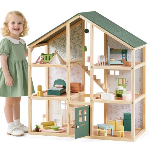 Деревянный 6-комнатный кукольный дом Tiny Land Sweetwood Evergreen, 31 предмет мебели, 3+