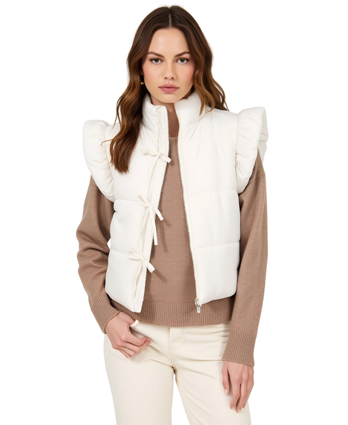 Женский жилет Modenaire Lea Ruffle Shoulder Tie-Front Puffer Vest, цвет: Белый — фото 1