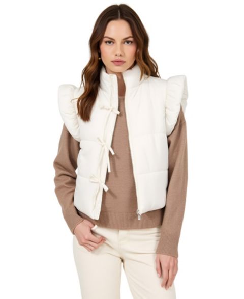 Женские жилеты Modenaire Women's Lea Ruffle Shoulder Tie-Front Puffer Vest