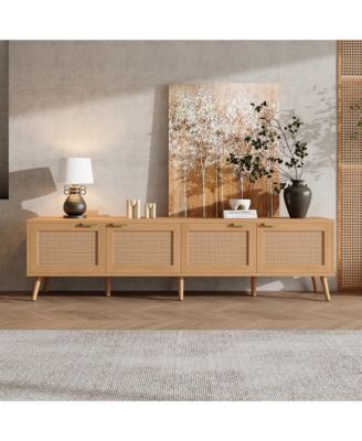 70 Inch TV Stand with Rattan Doors for TVs , Modern Wood Entertainment Center with Storage Cabinets and Cable Holes for Living Room