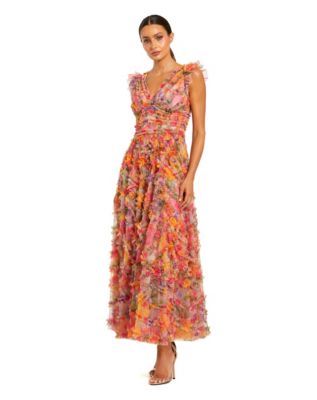 Petite Multicolor Floral V-Neck Ruffle Maxi Dress